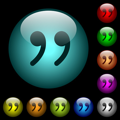 Quotation mark icons in color illuminated spherical glass buttons on black background. Can be used to black or dark templates