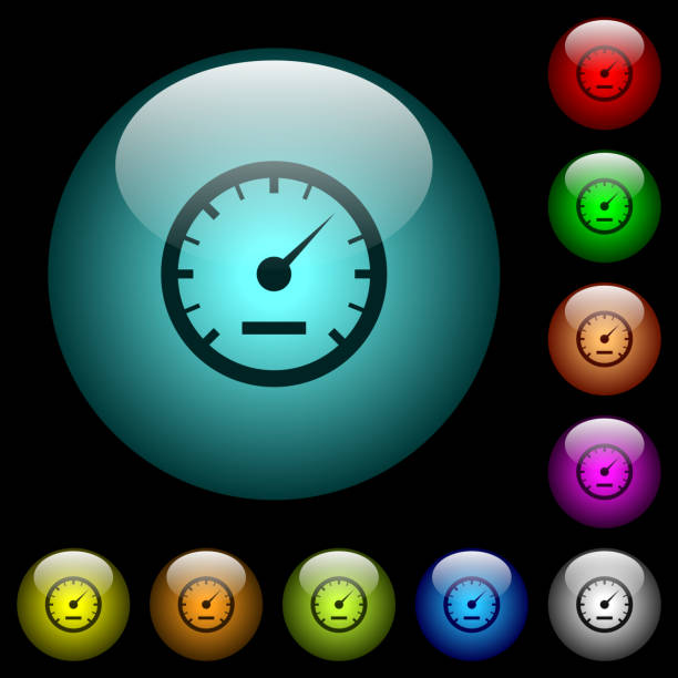 istock Speedometer icons in color illuminated glass buttons 877205104