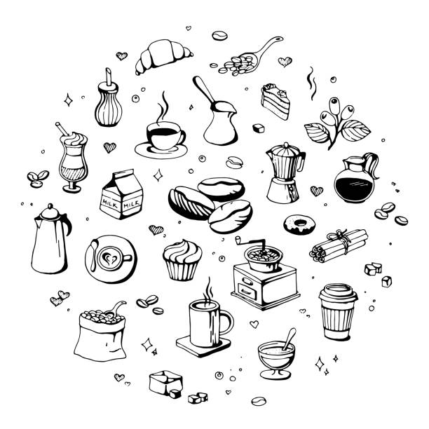 doodle ikony kawiarni. wektorowy rysunek kawy i herbaty do menu kawiarni - coffee shop illustrations stock illustrations