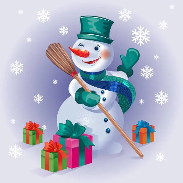 Vector illustration of Merry Christmas poster with snowman and gifts on winter forest background vector illustration.