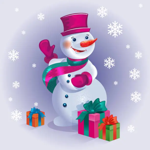 Vector illustration of Merry Christmas poster with snowman and gifts on winter forest background vector illustration.