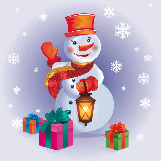 Vector illustration of Merry Christmas poster with snowman and gifts on winter forest background vector illustration.