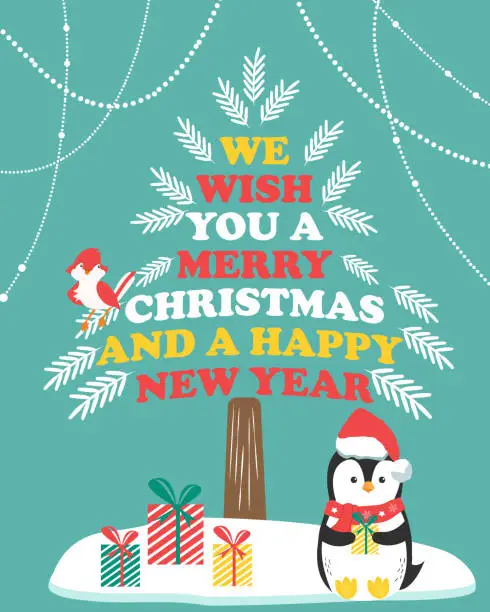 Vector illustration of Christmas card with winter scene and holiday penguin.