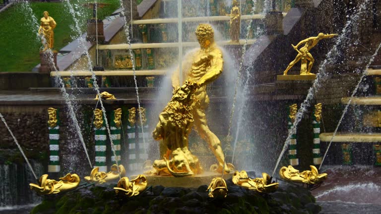 View of the statue of Samson Lion fountain in Peterhof  St. Petersburg Russia