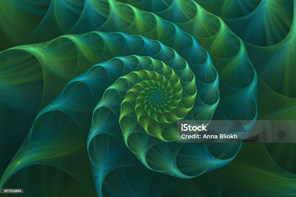 Abstract fractal blue and green nautilus sea shell Abstract fractal blue and green sea shell. Golden spiral. An amazing fibonacci pattern in a nautilus shell. Computer generated image. Abstract Stock Photo