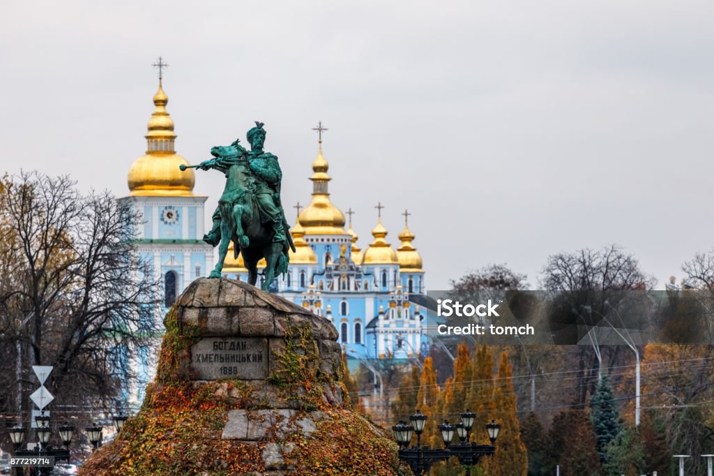 Bohdan Khmelnytsky Monument on  Sophia Square, Kiev, Ukraine The Bohdan Khmelnytsky Monument  is a monument in Kiev dedicated to the Hetman of Zaporizhian Host Bohdan Khmelnytsky built in 1888. It is one of the oldest sculptural monuments, a dominating feature of Sophia Square and one of the city's symbols. Kyiv Stock Photo