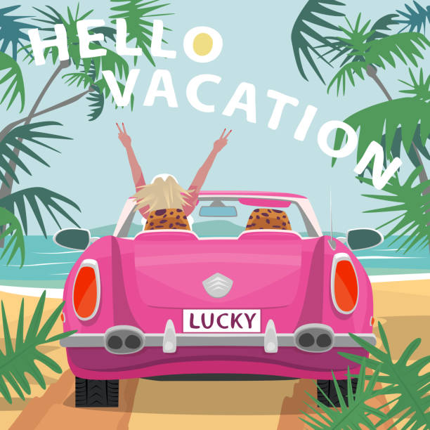 illustrations, cliparts, dessins animés et icônes de jeune fille blonde en voiture cabriolet rose sur la plage - enfants derrière voiture vacance