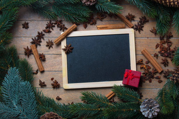 istock Menu board with gift box near Chrstimas decoration 877220456