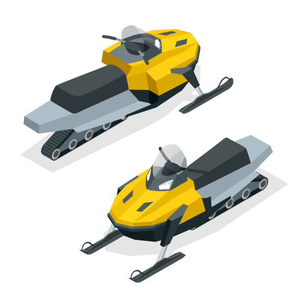 illustrations, cliparts, dessins animés et icônes de motoneiges définir isolé sur fond blanc. illustration vectorielle isométrique - snow jumping snowmobiling sled