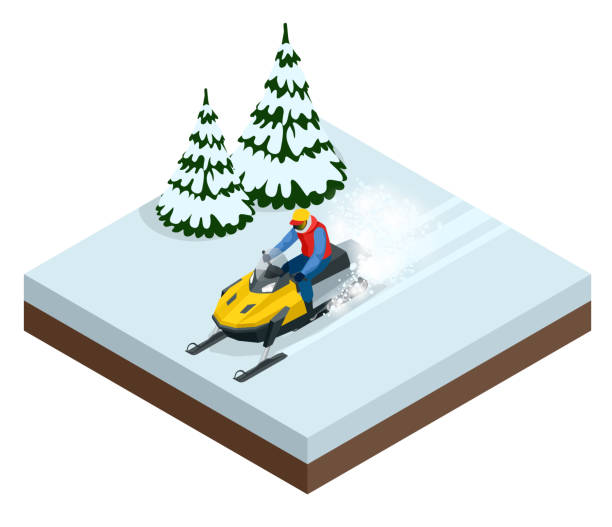 illustrations, cliparts, dessins animés et icônes de homme au volant sport motoneige dans une journée ensoleillée. illustration vectorielle isométrique - snow jumping snowmobiling sled