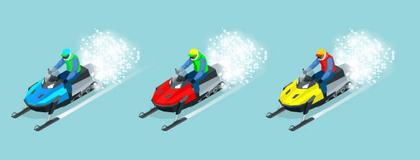 illustrations, cliparts, dessins animés et icônes de homme au volant sport jeu de motoneige. illustration vectorielle isométrique - snow jumping snowmobiling sled