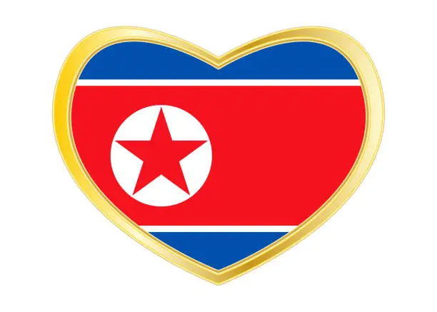 Vector illustration of Flag of North Korea in heart shape, golden frame