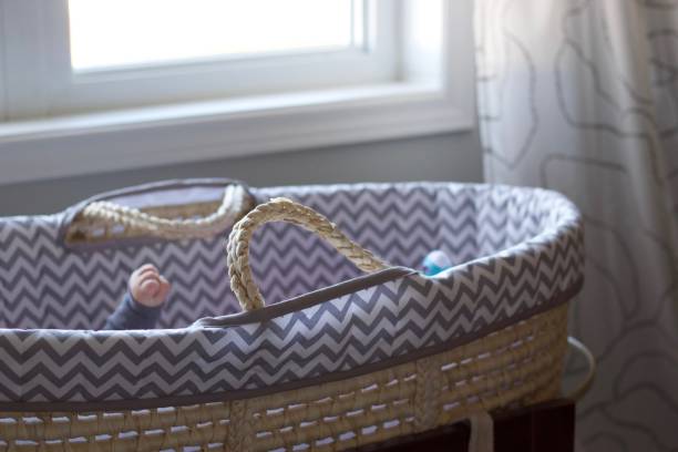 Newborn in moses basket A newborn kicking while laying in a moses basket moses basket stock pictures, royalty-free photos & images