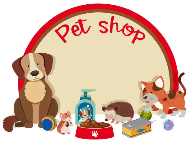 Vector illustration of Pet shop sign template with many pets