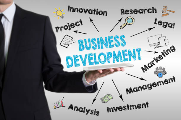 istock Business Development concept. Chart with keywords and icons. Man holding a tablet computer 877228480