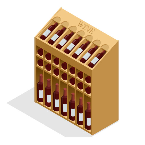 izometryczne czerwone butelki wina ułożone na drewnianych stojakach. ilustracja wektorowa izolowana na białym tle - wine cellar wine rack rack stock illustrations