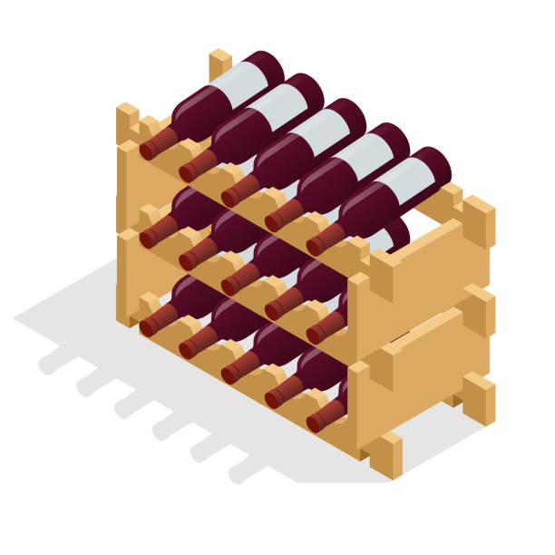 izometryczne czerwone butelki wina ułożone na drewnianych stojakach. ilustracja wektorowa izolowana na białym tle - wine cellar wine rack rack stock illustrations