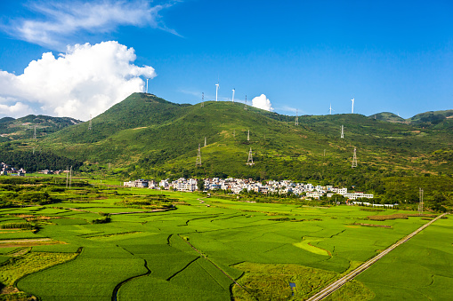 Beautiful rural landscape viewed from high speed train in South China.