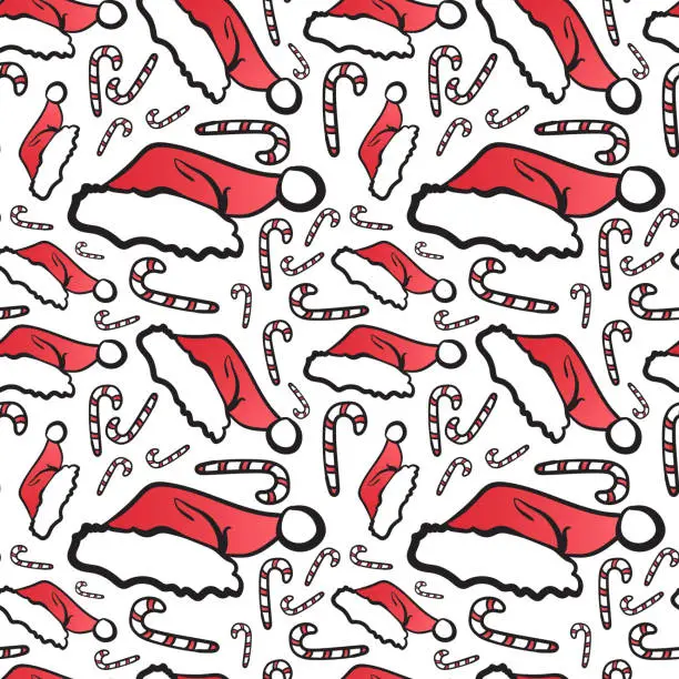 Vector illustration of Winter Holidays Seamless Pattern Christmas Symbols Doodle Santa Hat And Candies On White Background