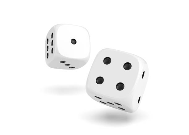 3d rendering of two white dice hanging on a white background 3d rendering of two white dice hanging on a white background. Gaming and gambling. Random numbers. Luck and chance. Rolling Dice stock pictures, royalty-free photos & images