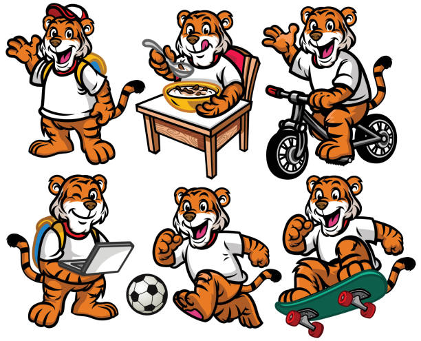ilustrações, clipart, desenhos animados e ícones de conjunto de caracteres dos desenhos animados de giro pequeno tigre - cereais de pequeno almoço
