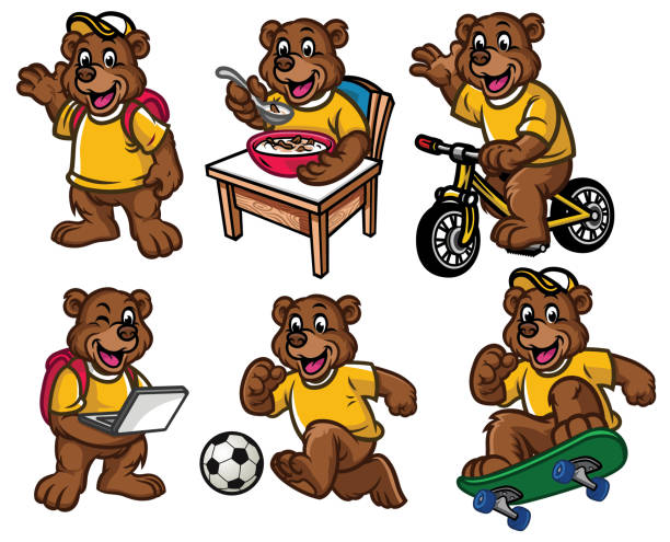 ilustrações, clipart, desenhos animados e ícones de conjunto de caracteres de desenho de ursinho fofo - cereais de pequeno almoço