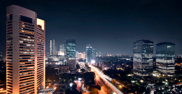 istock Night scene with bright skyscrapers and traffic motion 877273358