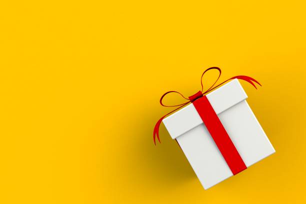 istock Christmas and New Year's Day ,red white gift box isolated on yellow background, 3D rendering 877273582