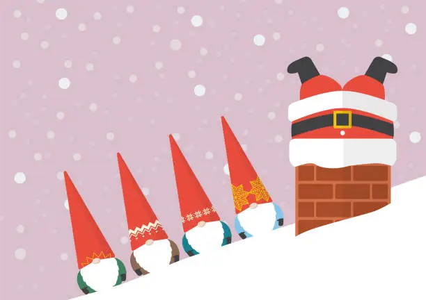 Vector illustration of Group of Little Santa looking at Big santa stuck in chimney