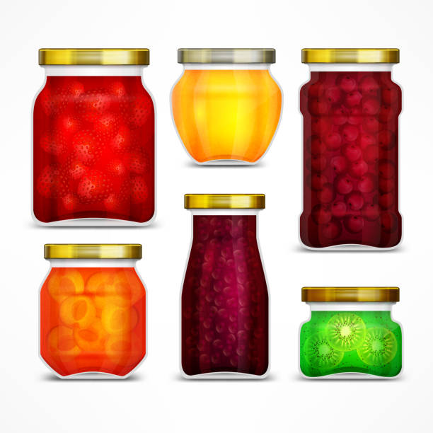 ilustrações de stock, clip art, desenhos animados e ícones de natural fruit jam preserves jars - preserves jar apricot marmalade