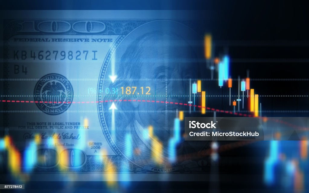 Financial Data Analysis Graph Over One Hundred American Dollar Bill Financial data analysis graph showing market trends over one hundred American dollar bill on a digital display. Selective focus. Horizontal composition with copy space. US Paper Currency Stock Photo