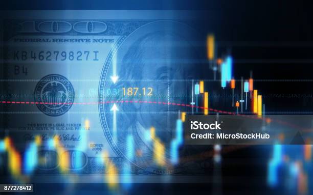 Financial Data Analysis Graph Over One Hundred American Dollar Bill Stock Photo - Download Image Now