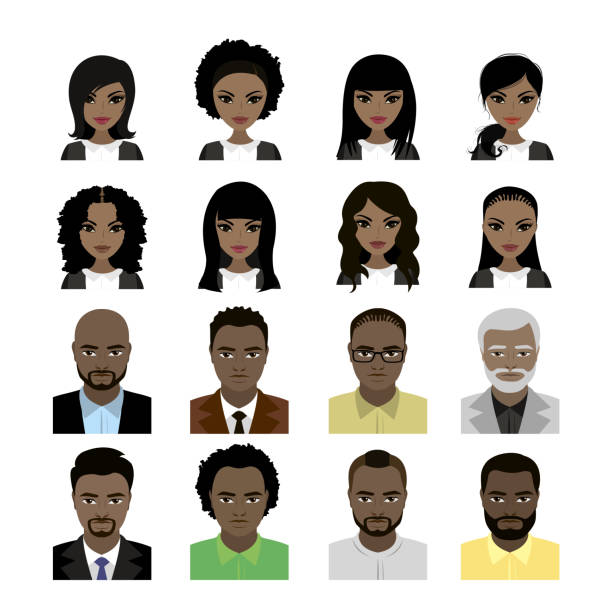 Set of Black Women and man avatar Set of Black Women and man avatar isolated on white background . Faces and hair styles. Vector stock illustration african american male model stock illustrations