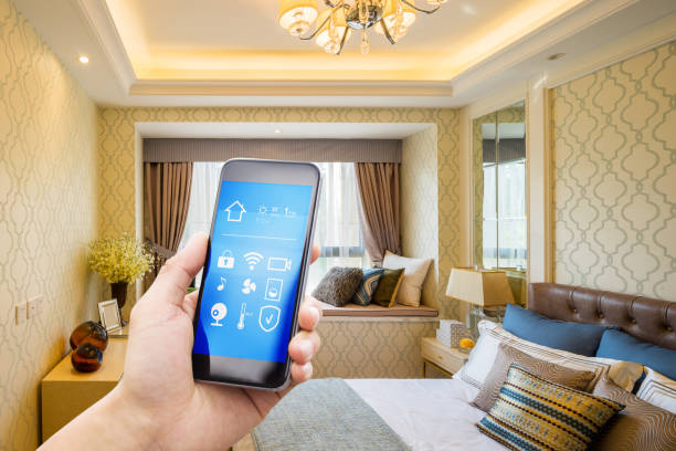 istock smart phone with smart home with modern bedroom 877290602