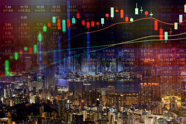 börse-konzept mit stadtbild hintergrund, immobilien-konzept. - nasdaq financial occupation chart trader stock-fotos und bilder