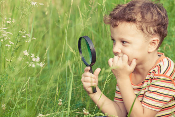 istock Happy little boy exploring nature with magnifying glass 877294618