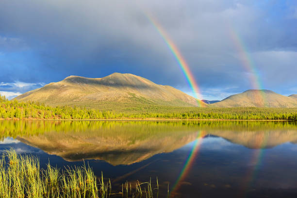 double rainbow over lake and mountains