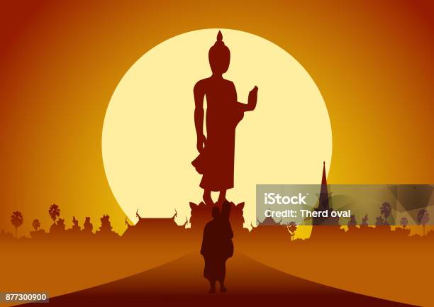 스님 사원 순례에서 시골에서 공로와 숲도로 도보 평화 침묵을 부처님의 이미지 뒤에 일몰 큰 태양에 달마 부처-불교에 대한 스톡 벡터 아트 및 기타 이미지