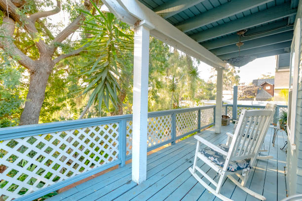 istock Take a rest with a white rocking chair on the deck 877307574