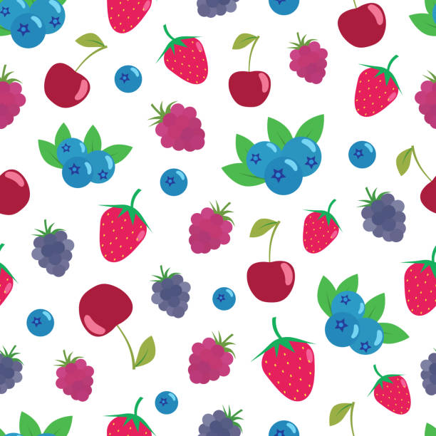 illustrations, cliparts, dessins animés et icônes de fond de baies sans couture avec fraises, bleuets, framboises, cerises, mûres.  peut être utilisé comme fond d’écran, fond de page web, textures de surface. - raspberry berry fruit fruit backgrounds