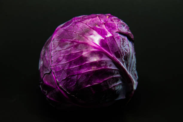 istock Fresh scotch kale or purple cabbage isolated on black background with selective focus and under exposre 877312832