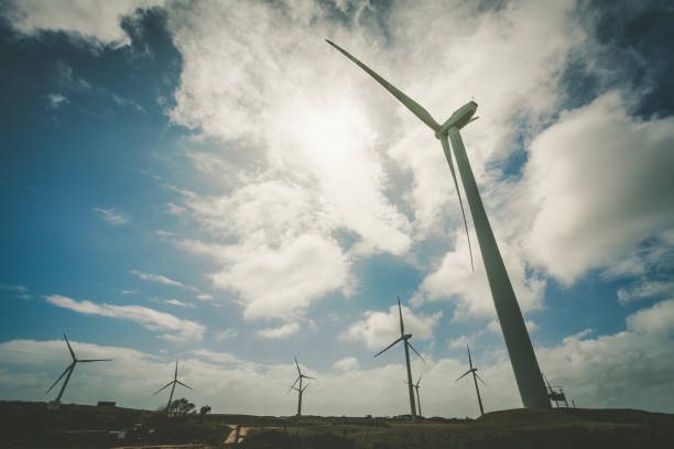 istock Tall wind turbines in hot sunny day in Australia 877313886