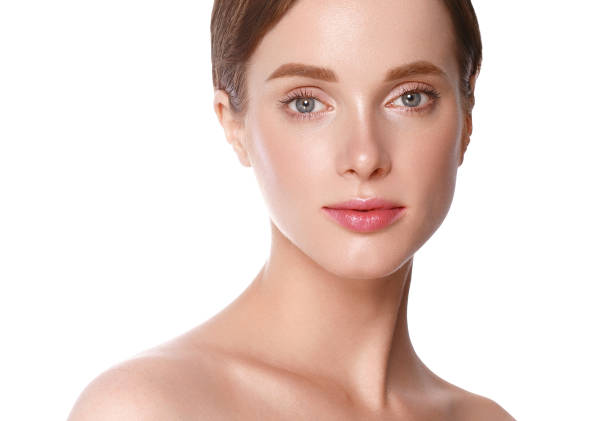 istock Beautiful woman face close up studio on white. 877316412