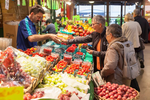 Toronto, Canada - Oct 13, 2017: Fruits and vegatebles stand at the St Lawrence Market in Toronto, Canada