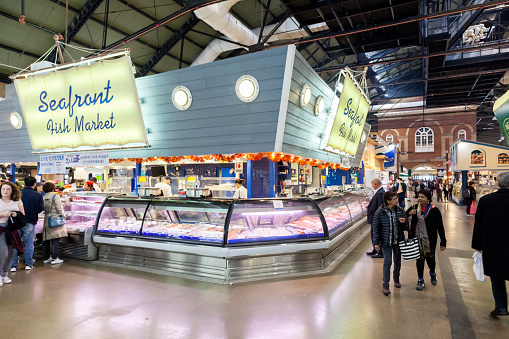 Toronto, Canada - Oct 13, 2017: Sea food stand at the historic St Lawrence Market in the city of Toronto, Canada