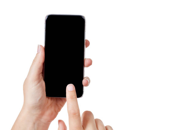 A hand holds aloft a smartphone with a blank screen providing copy space for your picture or message, tapping the screen with an index finger.