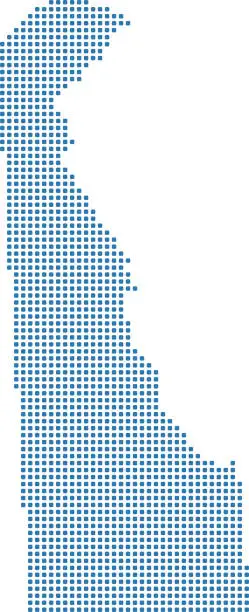 Vector illustration of Highly detailed Delaware map dots. Dotted Delaware state of USA map vector outline. Pixelated map of Delaware state of United States in blue illustration background