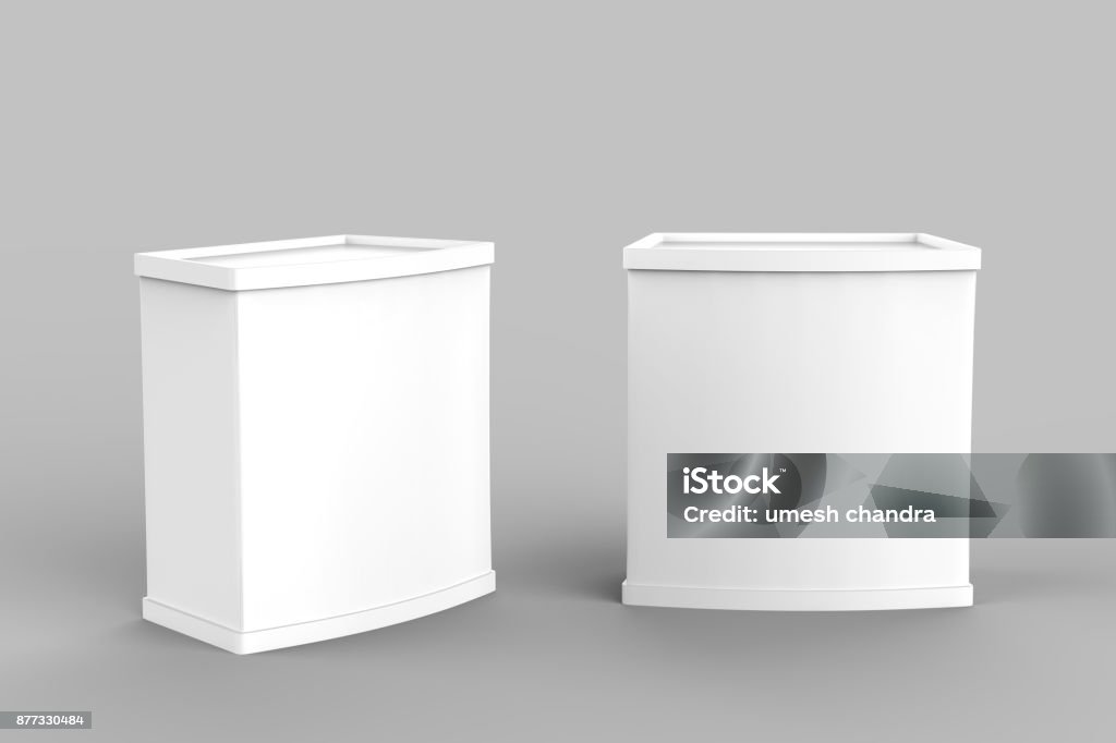 White blank advertising POS POI PVC Promotion counter booth, Retail Trade Stand Isolated on the white background. Mock Up Template For Your Design. 3D illustration White blank advertising POS POI PVC Promotion counter booth, Retail Trade Stand Isolated on the white background. Mock Up Template For Your Design. Market Stall Stock Photo