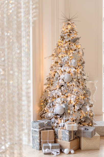 istock Gold Christmas background  with decorated tree 877333218