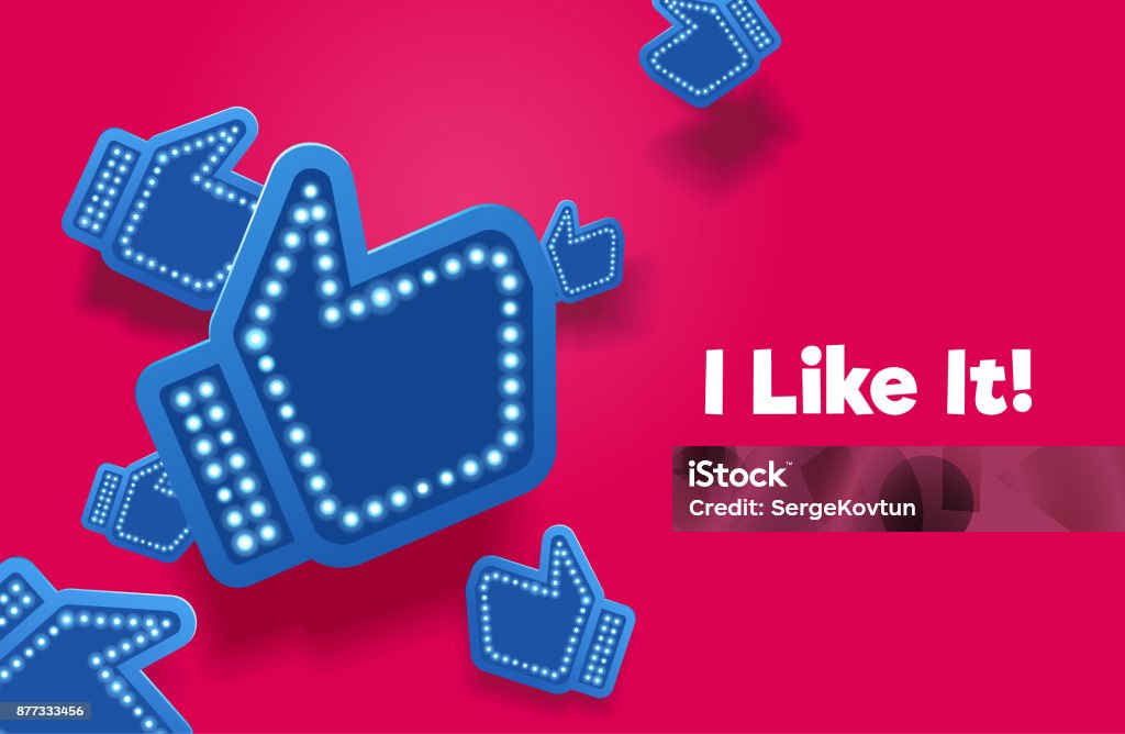 Icons like social network are falling down. Hand, big finger up on pink background. I like it! Like Button stock vector